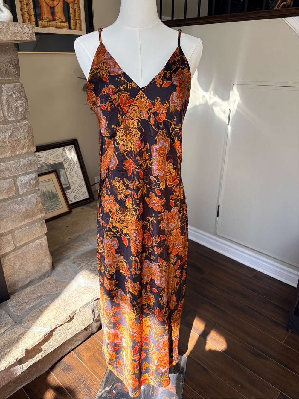 Dress Forum Floral Satin Maxi Slip Dress Black Orange Fall Size M